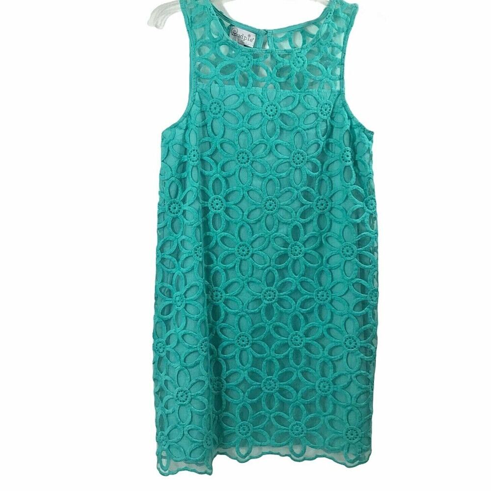 Mudpie Dress Womens Small Turquoise Blue Floral Embroidered Overlay Sleeveless